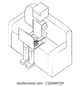 man character sitting on sofa using laptop isometric image