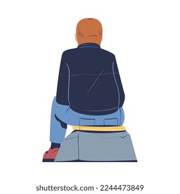 Man Character Sitting on Stone Watching Movie in Open Air Cinema Vector Illustration