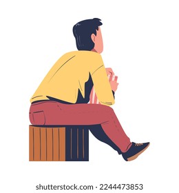 Man Character Sitting on Wooden Seat Eating Popcorn and Watching Movie in Open Air Cinema Vector Illustration