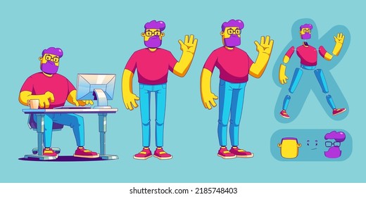 Man character sitting at table with computer and standing. Vector animation set with parts of body and head of person in contemporary style. Creation model of guy freelancer or office worker