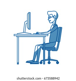 man character sitting working desk computer