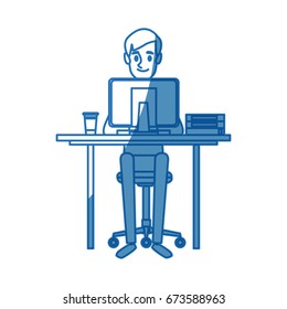 man character sitting working desk computer