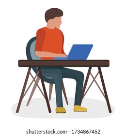 Man character sitting workplace table, male make job laptop computer freelance isolated on white, flat vector illustration. Cartoon design concept, person surfing internet personal computer.