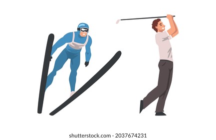 Man Character Ski Jumping and Playing Golf Vector Set