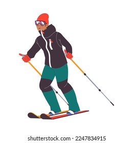 Man Character Skiing at Mountain Ski Resort in Winter Season Vector Illustration