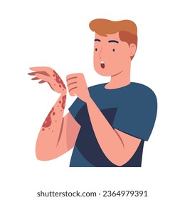 Man Character with Skin Problem Suffering Scratching Itching Arm Vector Illustration