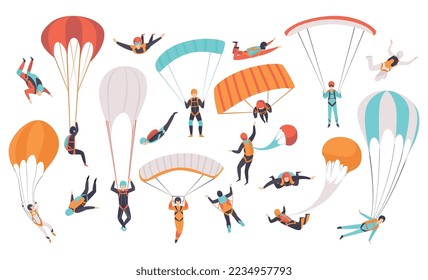 Man Character Skydiving Falling Down with Parachute and Paragliding Big Vector Set