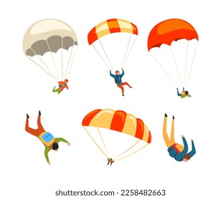 Man Character Skydiving Falling Down with Parachute Vector Set