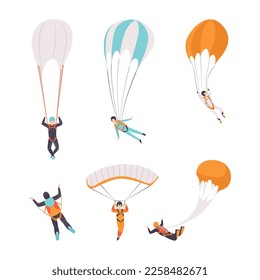 Man Character Skydiving Falling Down with Parachute Vector Set