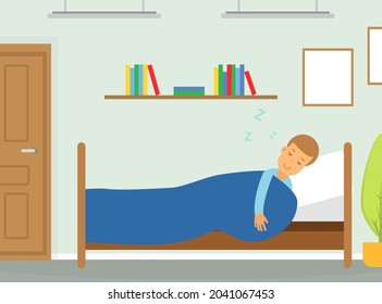 Personaje masculino durmiendo en su cama en una iluminación vectorial suave de almohada