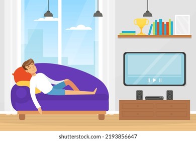 Man Character Sleeping Lying on Sofa in Front of Television Vector Illustration