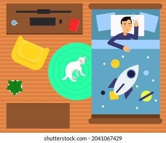 Man Character Sleeping on Soft Pillow in His Bed Covered with Blanket Vector Illustration