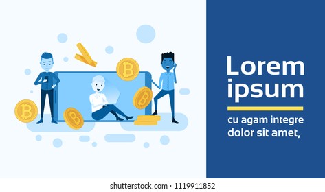 man character smartphone app bitcoin mining template for design work and animation cryptocurrency on blue background full length flat copy space banner vector illustration