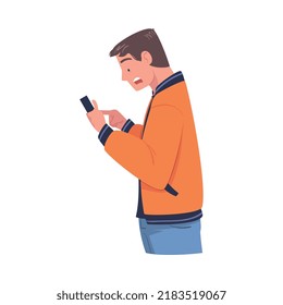 Man Character with Smartphone Reading Shock Content or News Vector Illustration