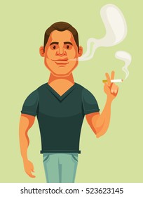 Man character smoking cigarette. Vector flat cartoon illustration