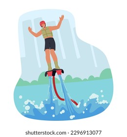 Man Character Soaring On Flyboard With Water Propulsion, Performing Aerial Tricks And Stunts, While Enjoying The Thrill Of Flying Over The Water Surface. Cartoon People Vector Illustration