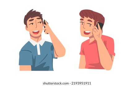 Man Character Speaking by Phone Having Dialogue via Mobile Gadget Vector Set
