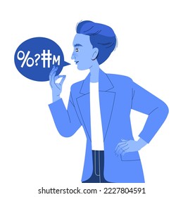 Man Character Speaking with Swear Words as Aggressive Speech Vector Illustration