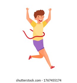 Man Character in Sportswear Running and Crossing Finishing Line Vector Illustration