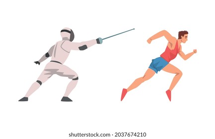 Man Character Sprinting and Doing Fencing Vector Set