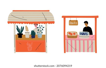 Man Character at Stall Selling Houseplant and Fruit at Marketplace or Flea Market Vector Illustration Set