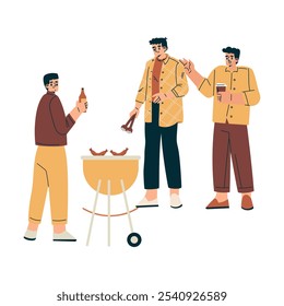 Man Character Stand Frying Sausage Relaxing in Nature in the Park Have Barbecue Vector Illustration
