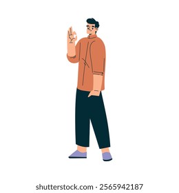 Man Character Stand Showing Ok Hand Gesture Vector Illustration