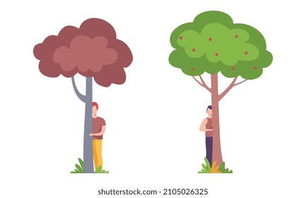 Man Character Standing Behind Tree Trunk Peeking and Looking Vector Set