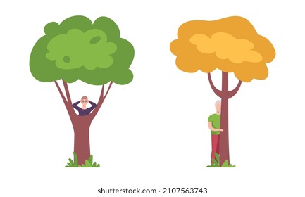 Man Character Standing Behind Tree Trunk Peeking and Looking in Binocular Vector Set