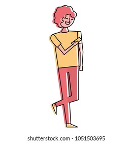 man character standing holding smartphone in hand