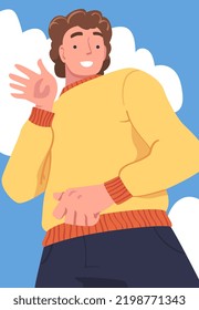 Man Character Standing Looking from Above Friendly Smiling and Waving Hand Vector Illustration
