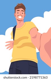 Man Character Standing Looking from Above Friendly Smiling Vector Illustration