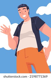 Man Character Standing Looking from Above Friendly Smiling and Waving Hand Vector Illustration