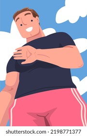 Carácter masculino parado mirando desde arriba de la ilustración de un vector manual sonriente y ondulante