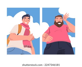 Man Character Standing Looking from Above Friendly Smiling and Showing Hand Greeting Gesture Vector Set