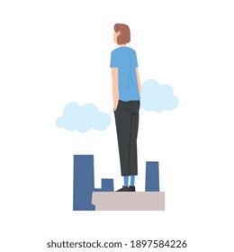 Man Character Standing and Looking Ahead as into Bright Future Vector Illustration