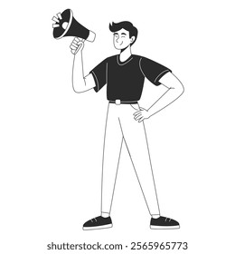 Man character standing with loudspeaker, signaling an announcement or call to action. Vector flat illustration for web or app design in outline style