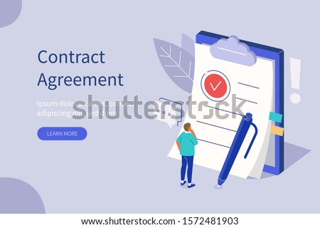 
Man Character Standing near Contract Document, Reading Privacy Policy and Terms and Conditions. Businessman Signing Contract. Contract Agreement Concept. Flat Isometric Vector Illustration. 