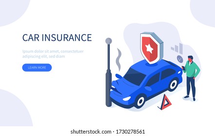 Man Character Standing near Damaged Auto and Calling to Car Insurance Service. Car Accident on the Road. Auto Collision Scene. Broken Vehicle Flat Isometric Vector Illustration.

