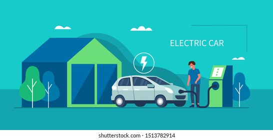 
Man character standing near electric recharge station and charging an electric car battery. Modern hybrid Auto. New alternative Energy vehicle. Futuristic transport concept. Flat vector illustration.