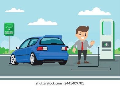 Man character standing near electric recharge station and charging an electric car battery. Modern hybrid Auto. New alternative Energy vehicle. Futuristic transport concept. Flat illustration.