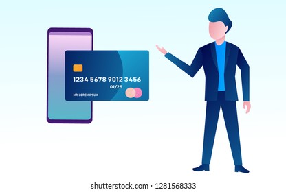 a man character standing. nfc technology payment method. credit card vector design illustration
