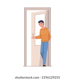Man Character Standing at Open Door Leaning on Doorpost Entering or Leaving Home Vector Illustration