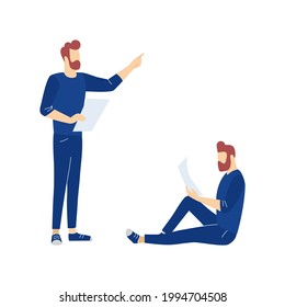 Man character standing and pointing his finger to somewhere or seating or reading from paper sheet. Vector illustration