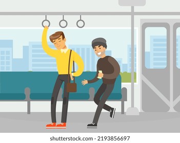 Man Character Standing in Public Transport Nodding and Taking Nap with Thief Stealing Money from His Bag Vector Illustration