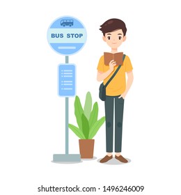man character standing and read book while waiting for bus at bus stop, cartoon vector illustration, for modern life cocept