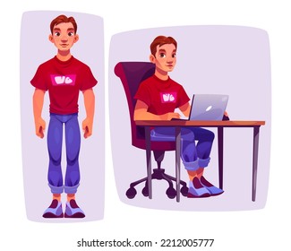 Personaje masculino de pie y sentado con un portátil. Dibujo vectorial de un tipo guapo en jeans, autónomo o trabajador a distancia sentado en una silla en el escritorio y trabajar en una computadora