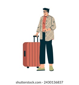 Personaje masculino de pie con la maleta va de vacaciones teniendo viaje ilustración vectorial
