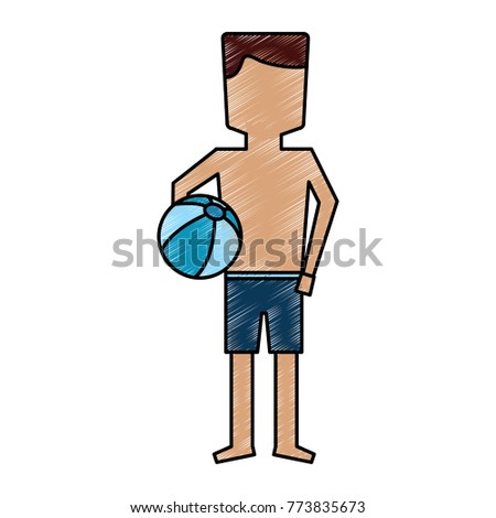 man character standing with swimsuit and beach ball