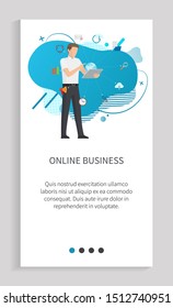 Man character standing with tablet, worker portrait view with wireless device, globe communication, finance or success icon on liquid shape vector. Website or app slider, landing page flat style